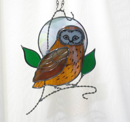 Owl and Moon Stained Glass Suncatcher with Ornament Stand