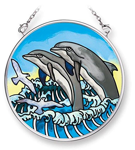 Amia 42083 3-12-inch Hand Painted Glass Circle Suncatcher Small Pair Of Dolphin Design
