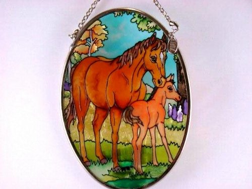 Amia Hand Painted Glass Suncatcher With Horse And Foal Design 3-14-inch By 4-14-inch Oval