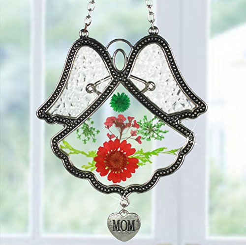 Mom Angel Suncatcher Silver Metalamp Glass With Pressed Flower Wingsamp Hanging Heart Shaped Charm - 45 Inch