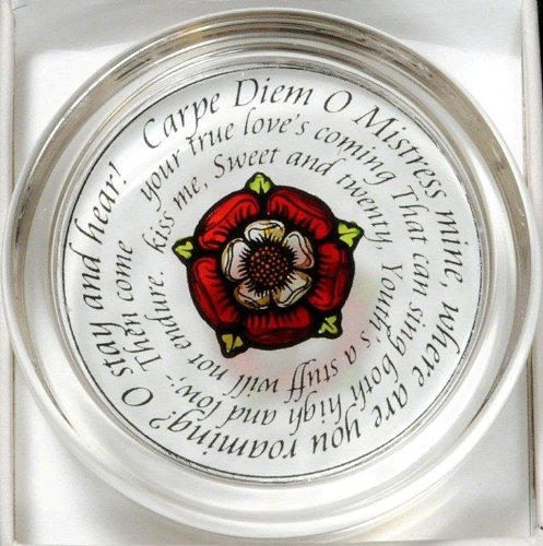 Decorative Hand Painted Stained Glass Paperweight In A Tudor Rose Carpe Diem Design