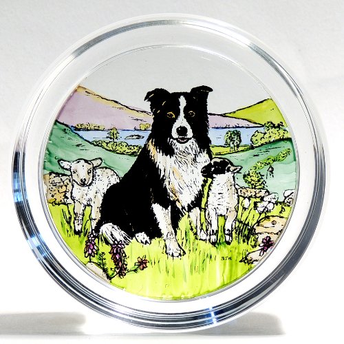 Decorative Hand Painted Stained Glass Paperweight in a Collie Dog and Lambs Design