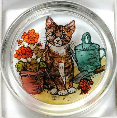 Decorative Hand Painted Stained Glass Paperweight in a Kitten and Geraniums Design