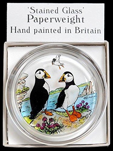 Decorative Hand Painted Stained Glass Paperweight in a Puffins Design