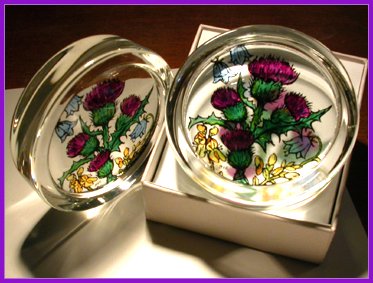 Decorative Hand Painted Stained Glass Paperweight in a Scottish Flowers Design
