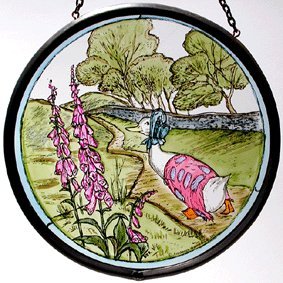 Decorative Hand Painted Stained Glass Window Sun CatcherRoundel in Beatrix Potters Jemima Puddleduck Design