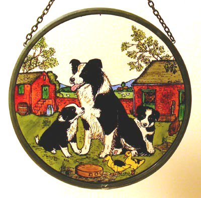 Decorative Hand Painted Stained Glass Window Sun CatcherRoundel in a Collie and Pups Design