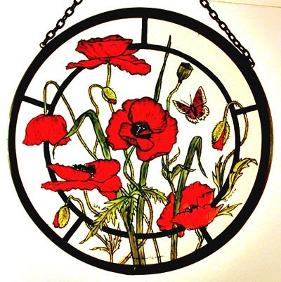 Decorative Hand Painted Stained Glass Window Sun CatcherRoundel in a Meadow Poppies Design