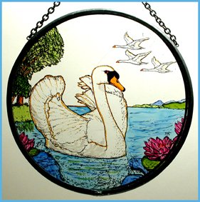 Decorative Hand Painted Stained Glass Window Sun CatcherRoundel in a Mute Swans Design