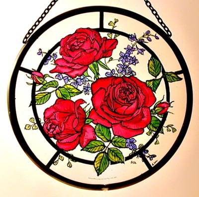 Decorative Hand Painted Stained Glass Window Sun CatcherRoundel in a Red Roses Design