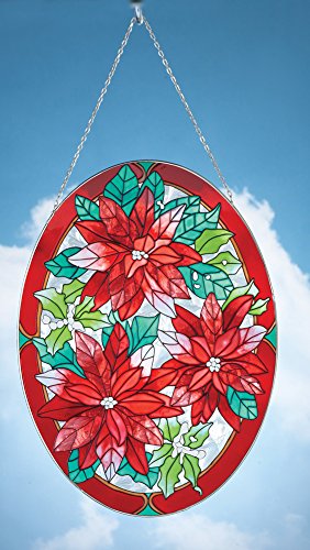 Elegant Poinsettia Flowers Hand Painted Stained Glass Suncatcher Hanging Chain Christmas Holiday Decor