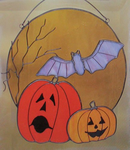 8&quot X 7&quot Full Moon Halloween Sun Catcher Stained Glass Pumpkin Bat Jack O Lantern