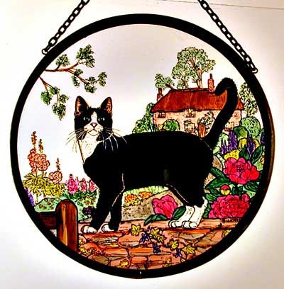 Decorative Hand Painted Stained Glass Window Sun Catcherroundel In A Cottage Garden Cat Design