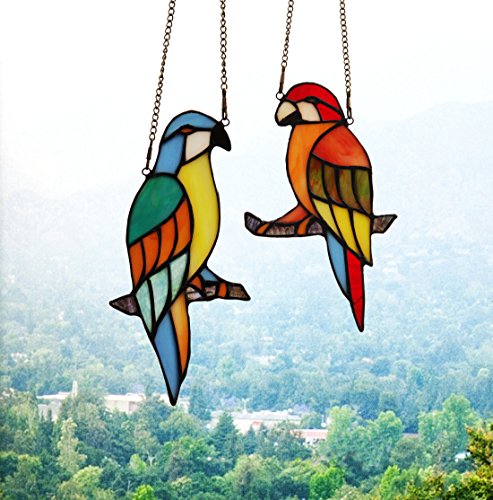 Makenier Tiffany Style Stained Glass Red And Blue Parrots Window Hanging Sun Catcher