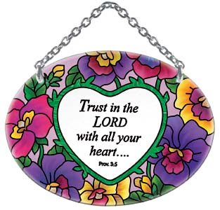 Pansies Trust in the Lord With All Your Heart Prov 35 Oval Stained Glass Suncatcher SO118R