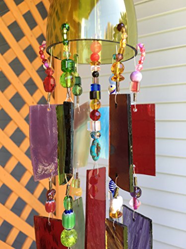Rustic Garden Art Wind Chime Stained Glass Sun Catcher Up-cycled Wine Bottle