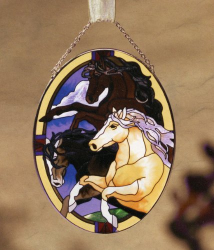 Wild Horses - Hand Painted Stained Glass 525 X 7 Inch Decorative Medium Oval Suncatcher