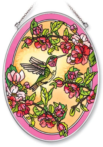 Amia 5509 Medium Oval Suncatcher With Hummingbird And Cherry Blossom Design Hand-painted Glass 5-12-inch W