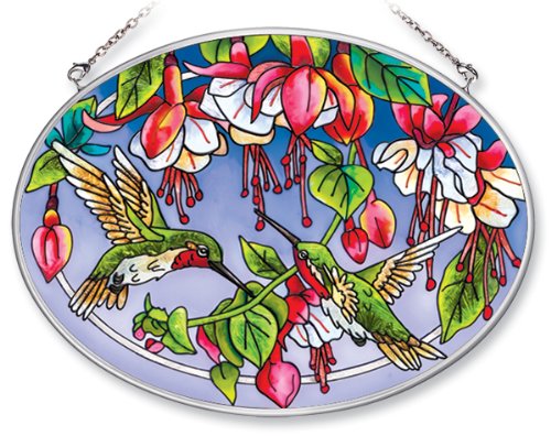 Amia 5669 Medium Oval Suncatcher With Hummingbird And Fuchsia Design Hand-painted Glass 7-inch W By 5-12-inch L