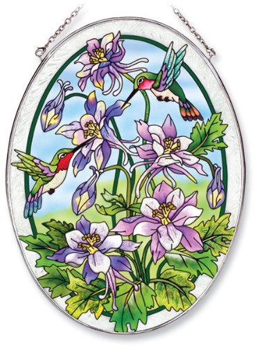 Amia 5904 Oval Suncatcher With Hummingbird Design Hand Painted Glass 6-12-inch By 9-inch