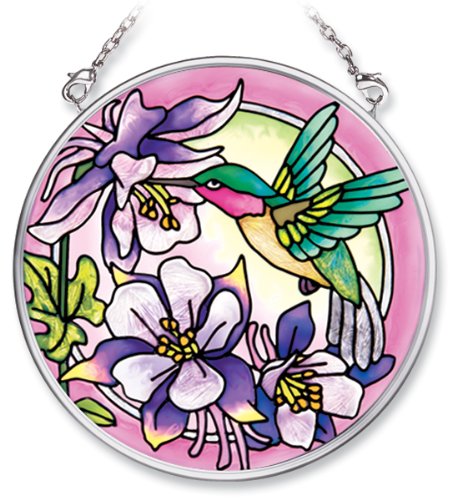 Amia Hand Painted Glass Suncatcher with Hummingbird and Columbine Floral Design 3-12-Inch Circle