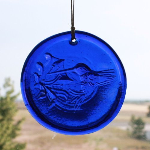Hummingbird - Window Suncatcher in Blue - Hanging Glass Suncatcher - 45 in Dia Made from Recycled Glass