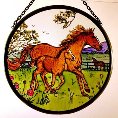Decorative Hand Painted Stained Glass Window Sun CatcherRoundel in a Horse and Foal Country Scene Design