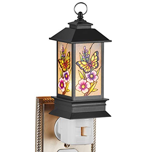 Decorative Stained-Glass Style Butterfly Garden Vintage Lantern Night Light Plug in for Wall Outlet - Outdoor or Home Lighting Decor - for Hallways Bedrooms Baths - 3 L x 2 W x 6 H