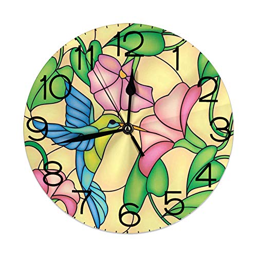 GULTMEE Silent Wall Clock Non Ticking 10 inch Quartz Round Decorative Stained Glass Style Bird and Hibiscus Tropical Flora and Fauna Illustration