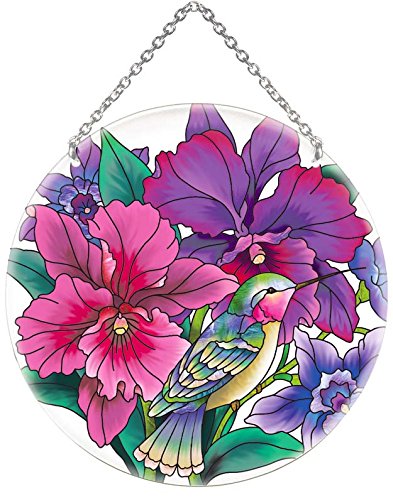 65&quot Hummingbirdsamp Orchids Painted Glass Suncatcher By Joan Baker