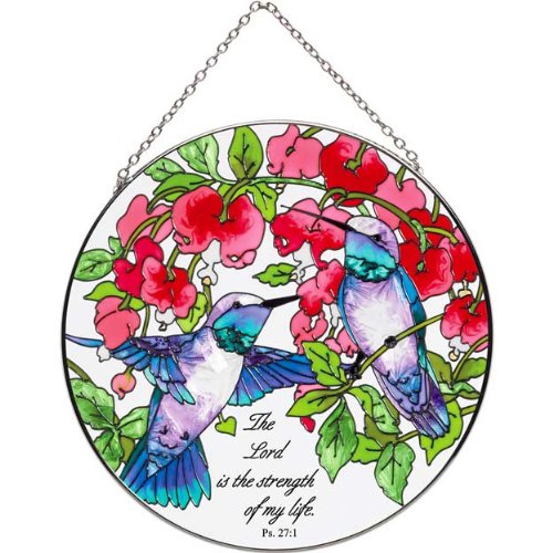 65&quot Painted Glass Suncatcher By Joan Baker Lc284-bleeding Heartsamp Hummingbirds Ps 271