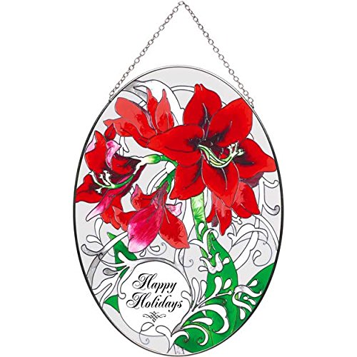 9 Oval Amaryllis Happy Holidays Painted Glass Suncatcher By Joan Baker