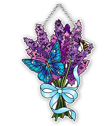 Butterfly And Lavender Painted Glass Suncatcher By Joan Baker 4.5" X 6.5"