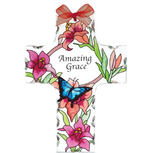 Joan Baker Designs Sx2004 4-inch By 5-12-inch Butterflieslilies Art Glass Cross Suncatcher