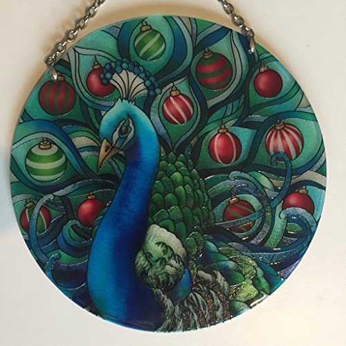 New Design Painted Glass Suncatcher By Joan Baker Holiday Peacock