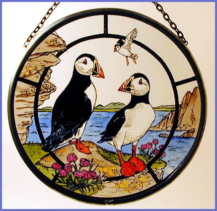 Decorative Hand Painted Stained Glass Window Sun CatcherRoundel in a Puffins Design
