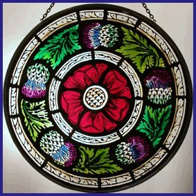 Decorative Hand Painted Stained Glass Window Sun CatcherRoundel in a Scottish Rose and Thistle Design