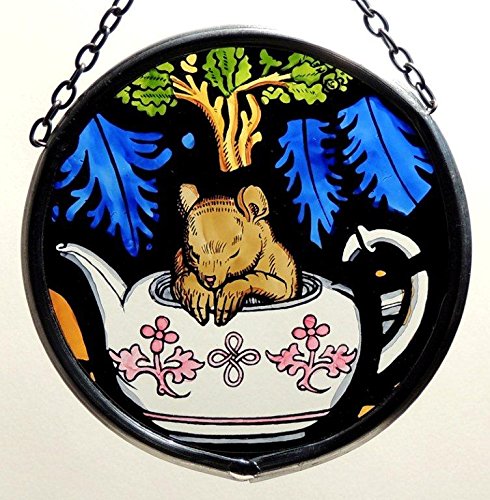 Decorative Hand Painted Stained Glass Window Sun CatcherRoundel in an Alice in Wonderland and Dormouse Design