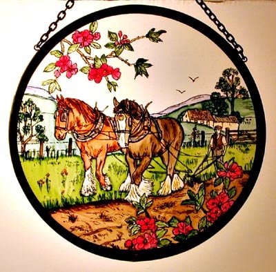 Decorative Hand Painted Stained Glass Window Sun CatcherRoundel in an Autumn Ploughing Fields Country Scene Design