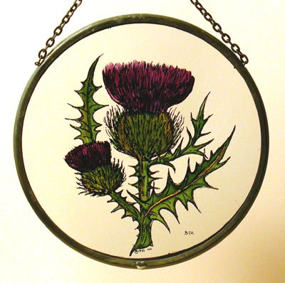 Decorative Hand Painted Stained Glass Window Sun Catcher/roundel In A Scottish Thistle Design.