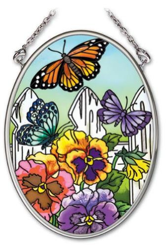 Amia 41701 4-14-inch Hand-painted Glass Oval Sun Catcher Small Pansy And Butterfly Design