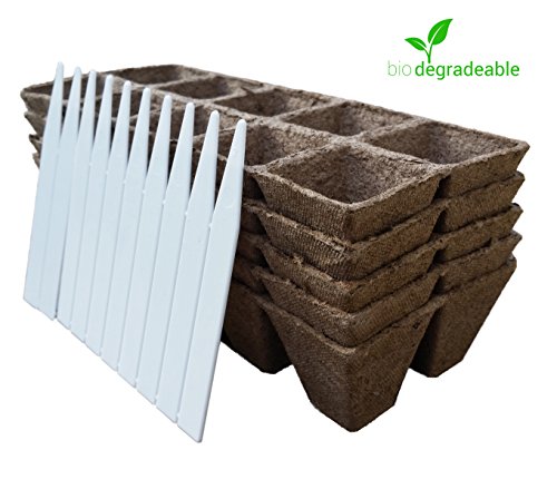 Seed Starter Pots Trays Biodegradable Peat 5 Pack - 50 Cells  10 Plastic Plant Markers