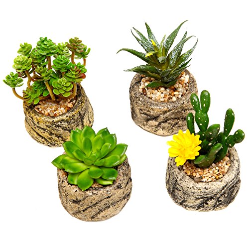 Assorted Set Of 4 Green Artificial Faux Mini Succulent Plants W Pebble Sand Potted Stone Like Cement Pot