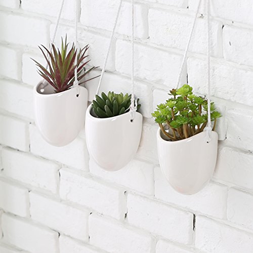 MyGift Modern Ceramic Hanging Planters Succulent Plant Pots Set of 3 White