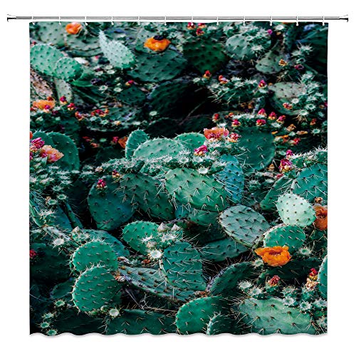 XZMAN Cactus Flower Plant Cactus Photography Natural Scenery Decoration Polyester Waterproof Bathroom Decor Set with HooksGreen