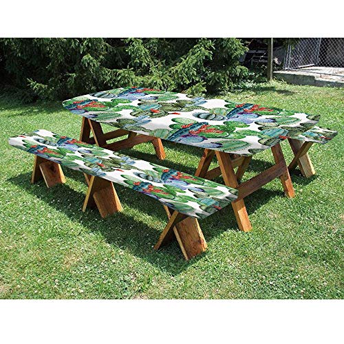 72 Polyester Picnic Table and Bench Fitted TableclothDifferent Cactus Types Watercolors Style Display Spring Field Foliage Artwork 3-Piece Elastic Edged Table Cover for ChristmasPartiesPicnic