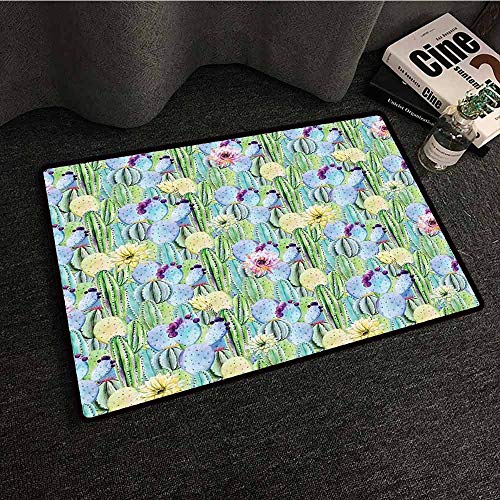 Anti Slip House Kitchen Door Area Rug CactusTypes of Cactus Plant Pattern with Flowers and Buds Fruits Nature Artwork ImageGreen and BlueW30 xL39 Best Floor mats