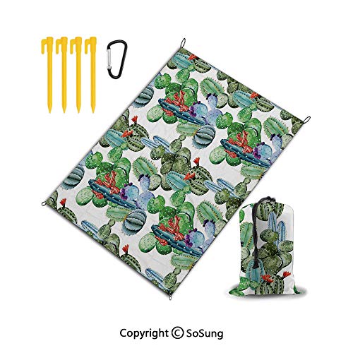 Beach Mat 59 x 57 Compact Outdoor Beach Blanket Sand Proof Picnic Mat for TravelCampingHiking and Music Festivals 4 Ground Stakes IncludedCactus DecorDifferent Cactus Types Watercolors Style Dis