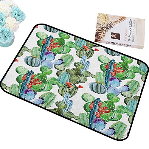 HCCJLCKS Polyester Door mat Cactus Different Cactus Types in Watercolors Style Display Spring Field Foliage Artwork Easy to Clean W31 xL47