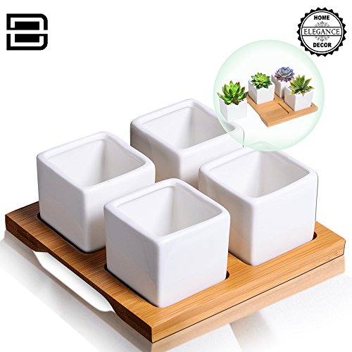 4 Mini Ceramic Succulent Planter White Square Pot Box Set W Holes - Best For Plant Succulentsamp Cactus Flower